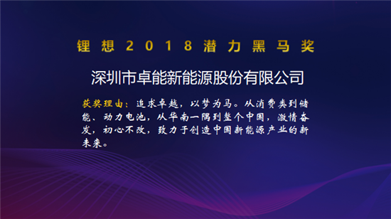 塔菲爾/國能電池/卡耐新能源/卓能新能源榮獲“鋰想2018潛力黑馬獎”